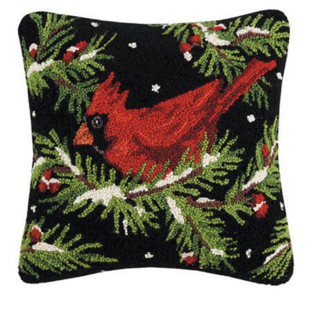 Pillow Cardinal Festive Hooked Throw Holiday Black Red Wool Velvet New Zealand